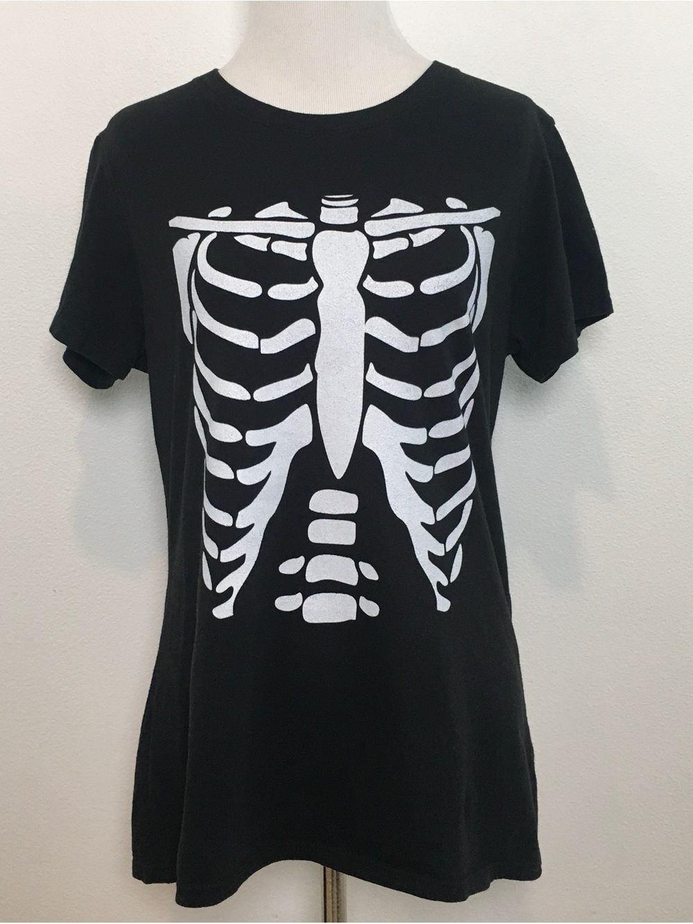Black Skeleton Graphic Tee - White Ribcage Print